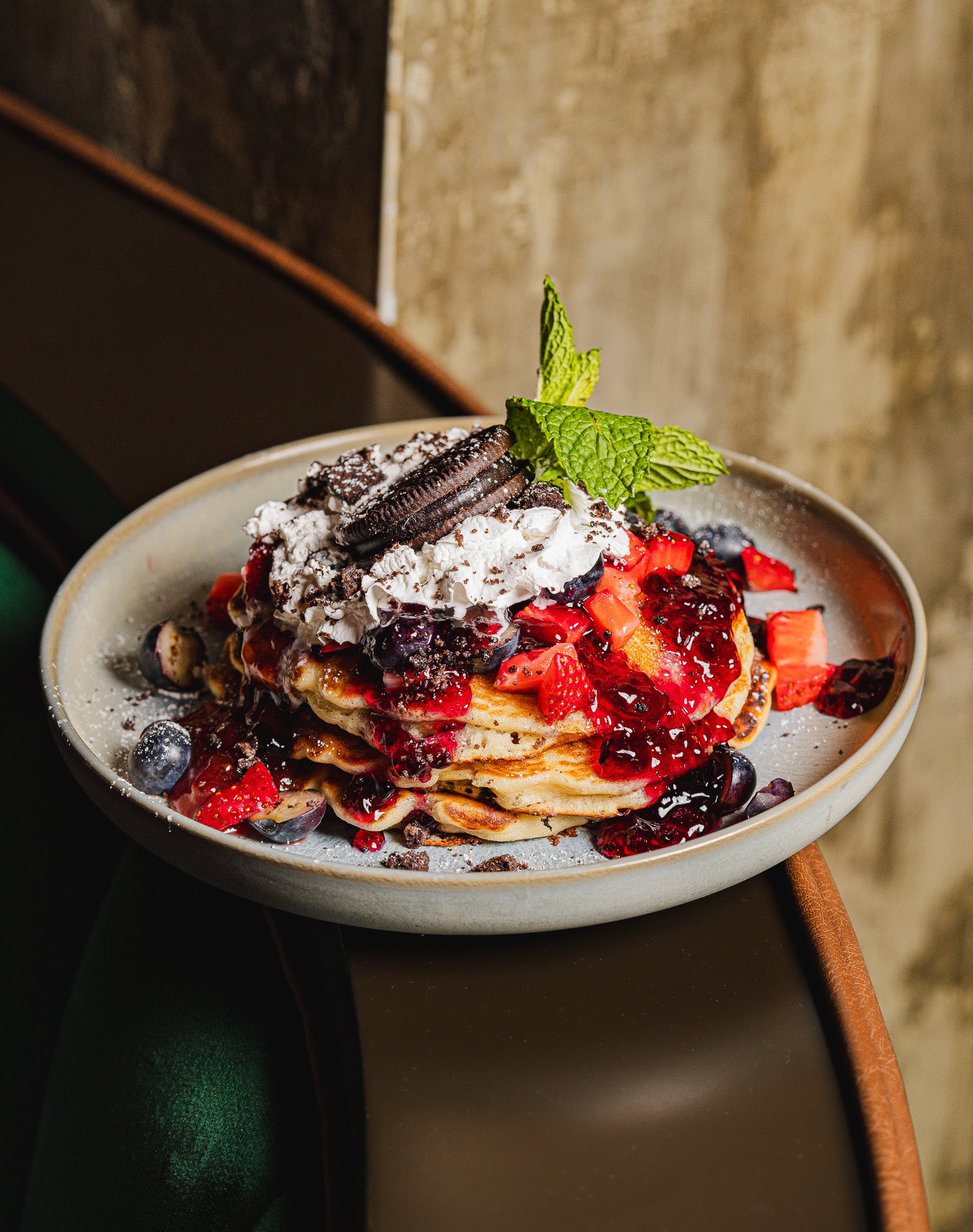 Overhead view of an artfully arranged brunch spread with fresh ingredients