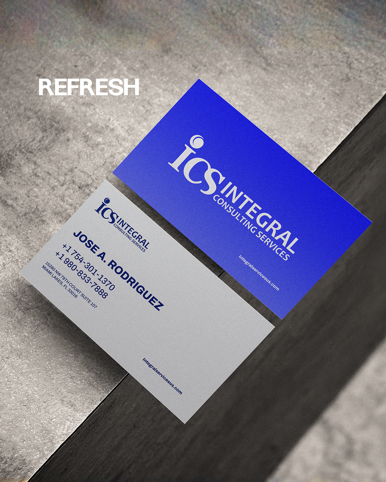 Modern business card design for ICS with updated blue color palette
