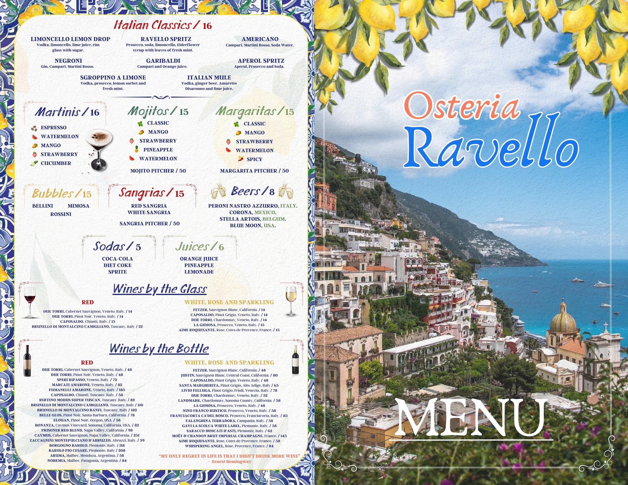 Menu design for traditional Italian restaurant in Doral by disturbance brands